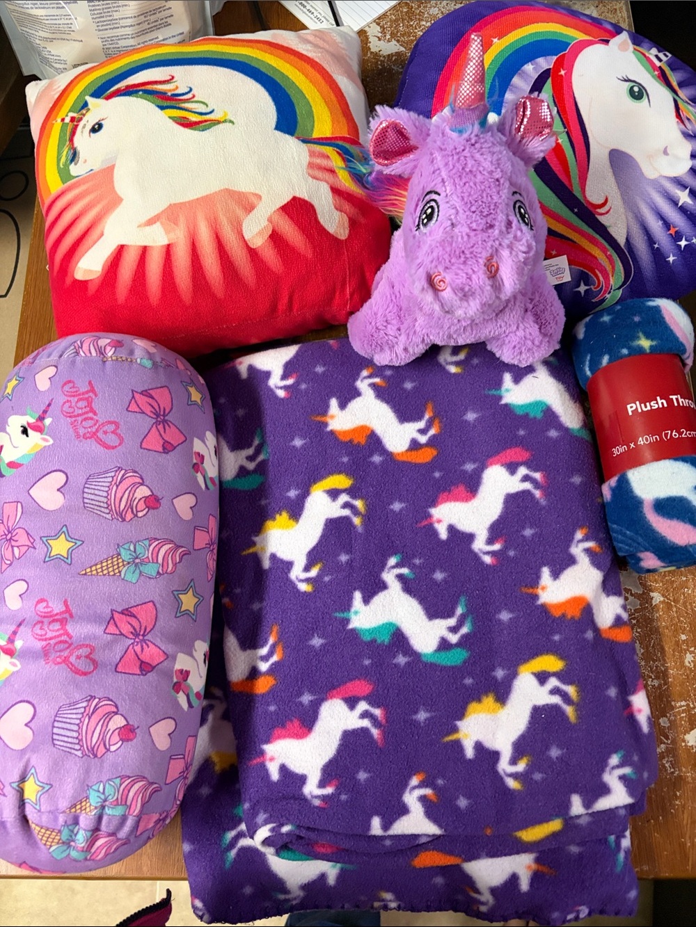 Kids Unicorn Plush Throw Blanket and Pillow lot- Purple
